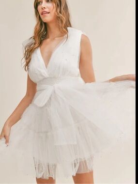 Mable Candice Pearl Embellished Cream Tulle Mini Dress